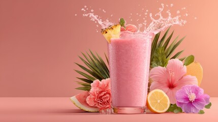 A vibrant tropical smoothie splashes out of a glass surrounded by colorful flowers and fruit. The sunny ambiance enhances the refreshing feel of this delightful drink