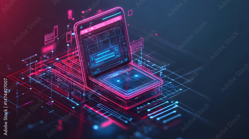 Poster Futuristic laptop or tablet floats above a grid. Neon pink outlines define the device, filled with blue digital elements and data visualizations. Abstract wireframe in dark blue.