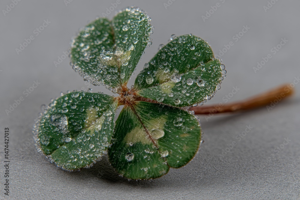Aufkleber four-leaf clover with water droplets resting on a gray surface captured in a close-up
