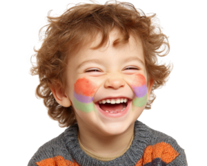 Joyful child with curly hair is laughing heartily, showcasing painted face with vibrant colors. expression radiates happiness and innocence, making it delightful image