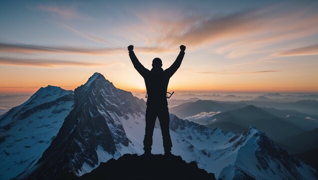 Silhouette of a person standing on a mountain peak at sunset celebrating victory and freedom