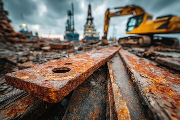 Rusted industrial scrap metal with excavator at dockside construction site