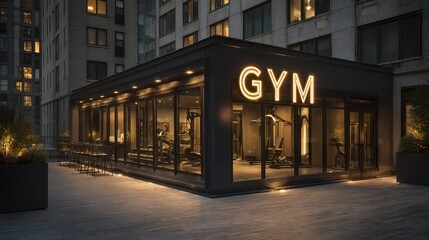 Fototapeta premium This urban rooftop gym showcases expansive glass walls illuminated by soft night lighting, providing a welcoming environment for evening workouts in the city