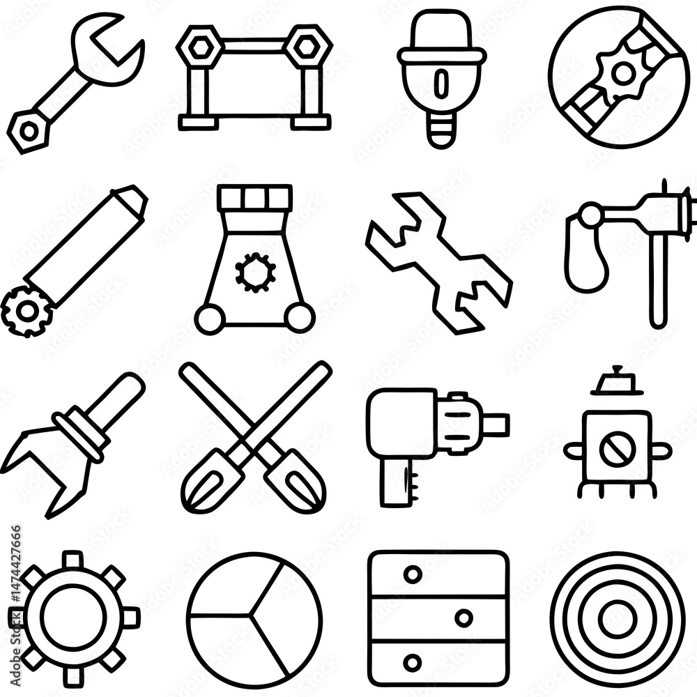 Poster vector icons showing tools and objects isolated on white