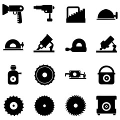 Black silhouette icons of tools and industrial equipment