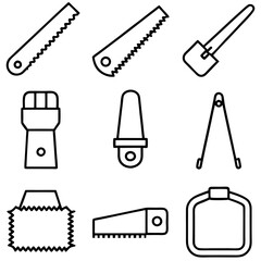 Outline illustration of various tool icons on a white background