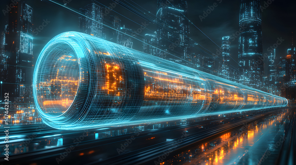 Poster Futuristic cityscape at night featuring a glowing cyan wireframe tunnel with intricate orange light patterns. Skyscrapers illuminate the modern urban environment. Abstract wireframe in dark blue.