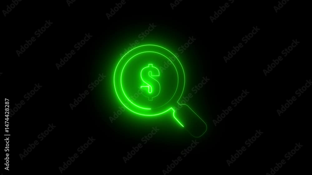 Poster searching for dollar using magnifying glasses neon professional search bar icon approaching using a 