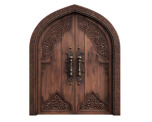 Intricate wooden entrance door with ornate carvings, showcasing craftsmanship and elegance. grand design features pointed arch and detailed patterns, evoking sense of history and artistry