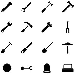 Assortment of construction and repair tools icons in black