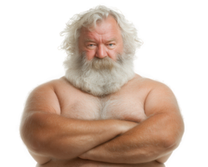 Confident, muscular older man with thick white beard and long hair stands with his arms crossed, exuding strength and wisdom. His expression is serious, showcasing powerful presence