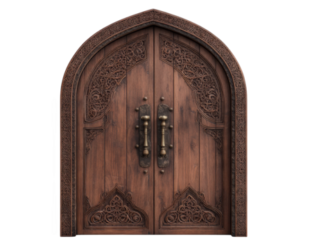 Intricate wooden entrance door with ornate carvings, showcasing craftsmanship and elegance. grand design features pointed arch and detailed patterns, evoking sense of history and artistry
