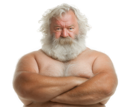Confident, muscular older man with thick white beard and long hair stands with his arms crossed, exuding strength and wisdom. His expression is serious, showcasing powerful presence