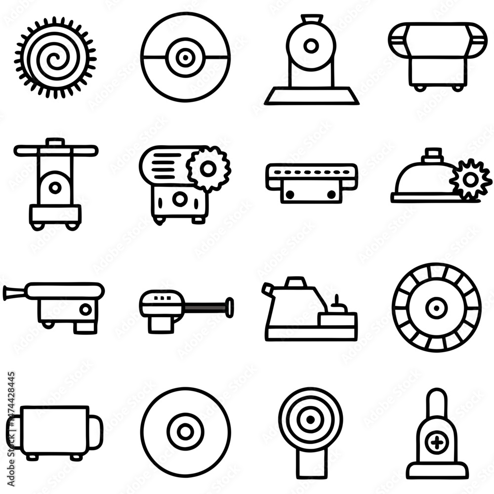 Poster assorted line icons collection featuring machinery and other objects
