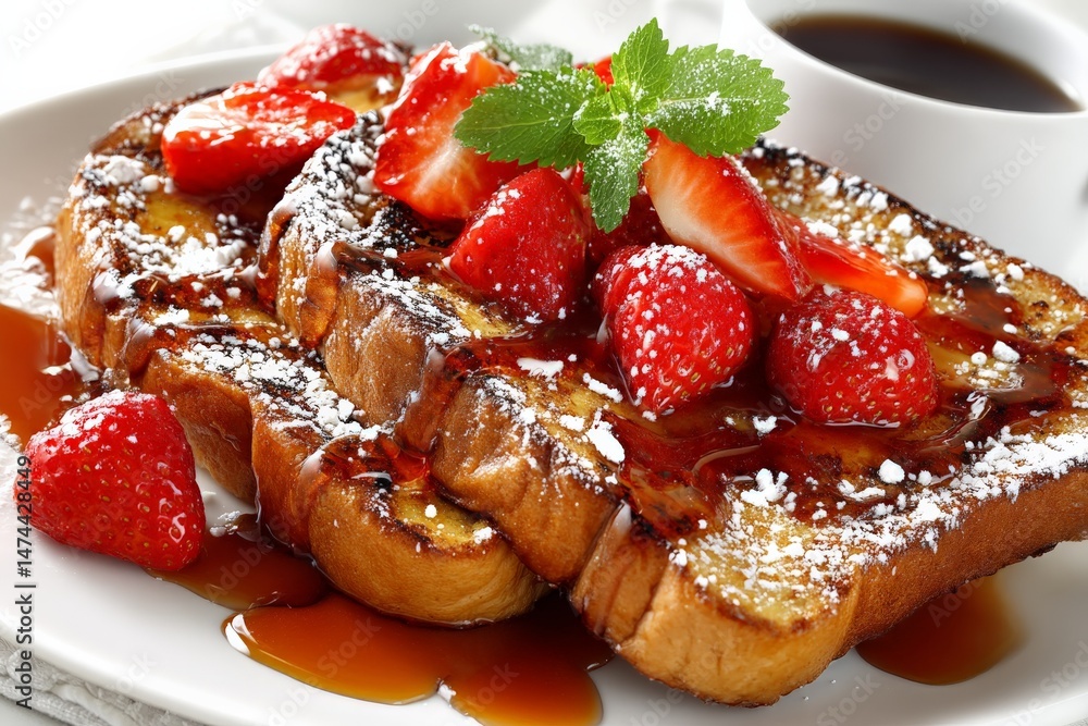 Poster delicious french toast topped with strawberries served on a plate with syrup in a cozy breakfast set