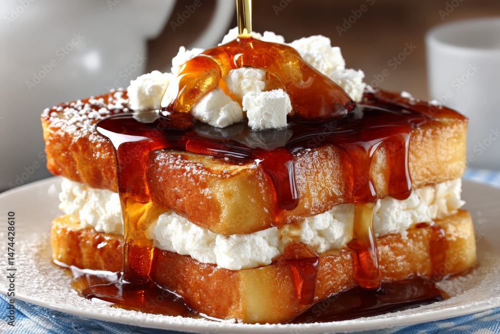 Poster delicious stack of french toast topped with syrup and cream cheese served on a plate during breakfas