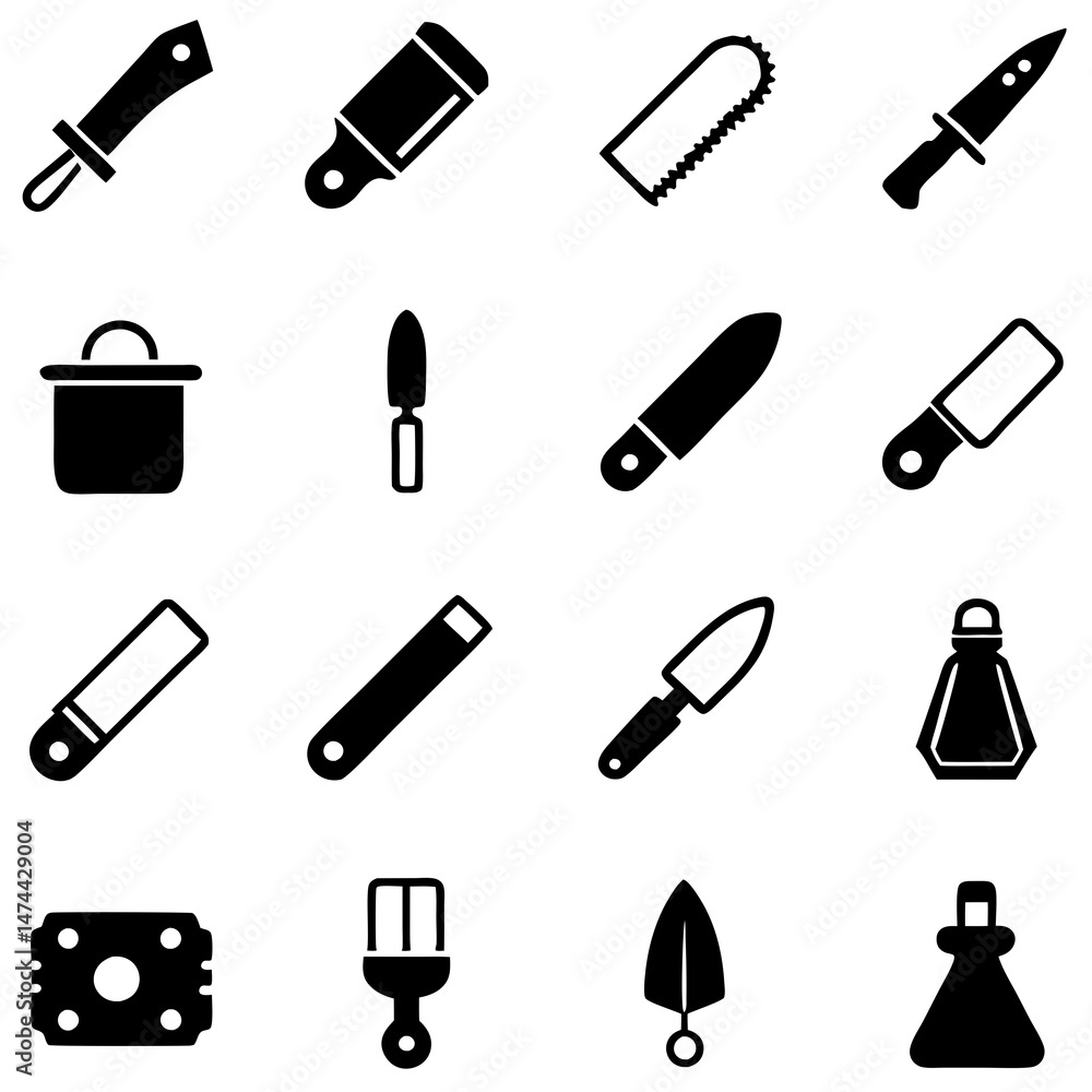 Poster black silhouette icons representing tools and various other objects