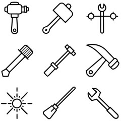 Hand tools set, line art design on white background