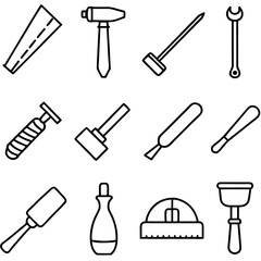 Outline illustration showcasing various hand tools on white backdrop