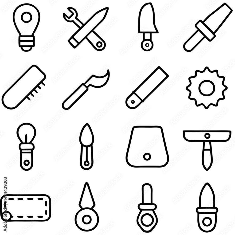 Poster outlined tools set with various applications and professions depicted