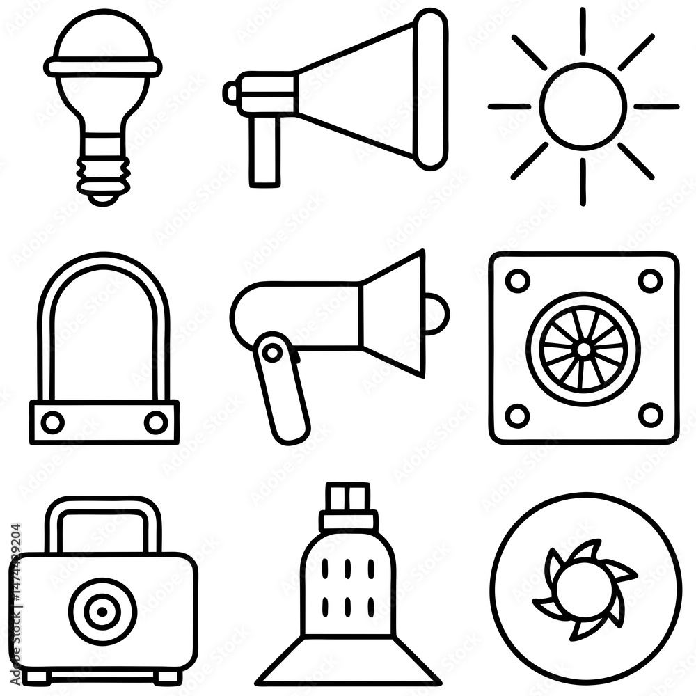 Poster collection of various outline icons in a seamless pattern
