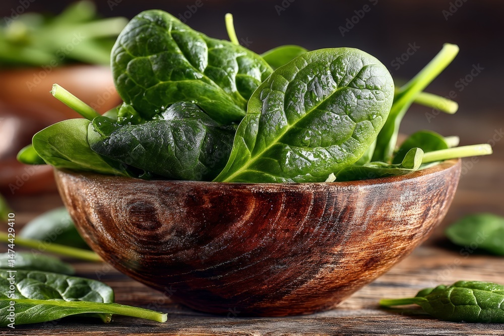 Aufkleber fresh spinach leaves in a rustic wooden bowl on a textured table