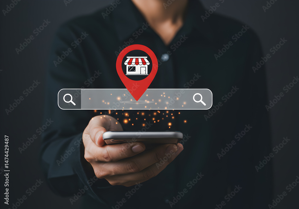 Poster find local business online search concept using smartphone for store location and marketing network