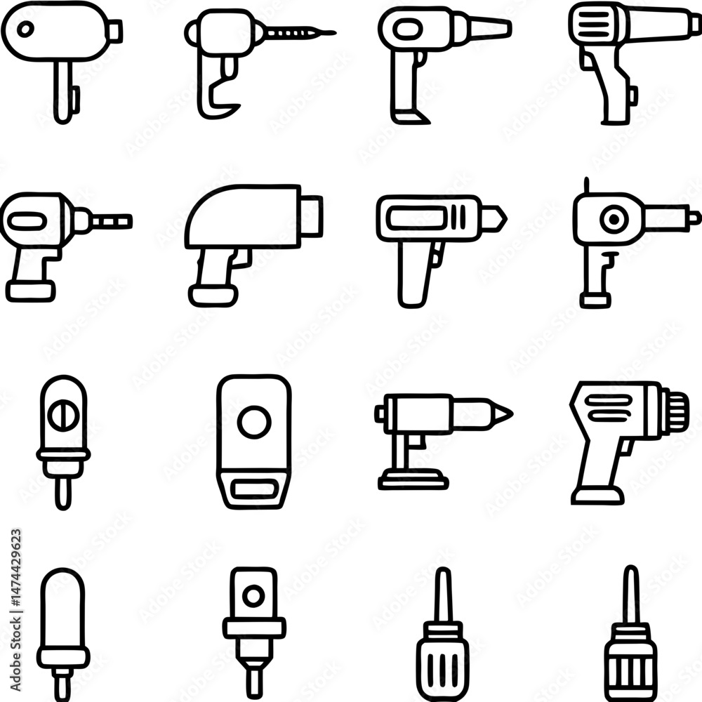 Aufkleber various power tools represented in a simple outline style