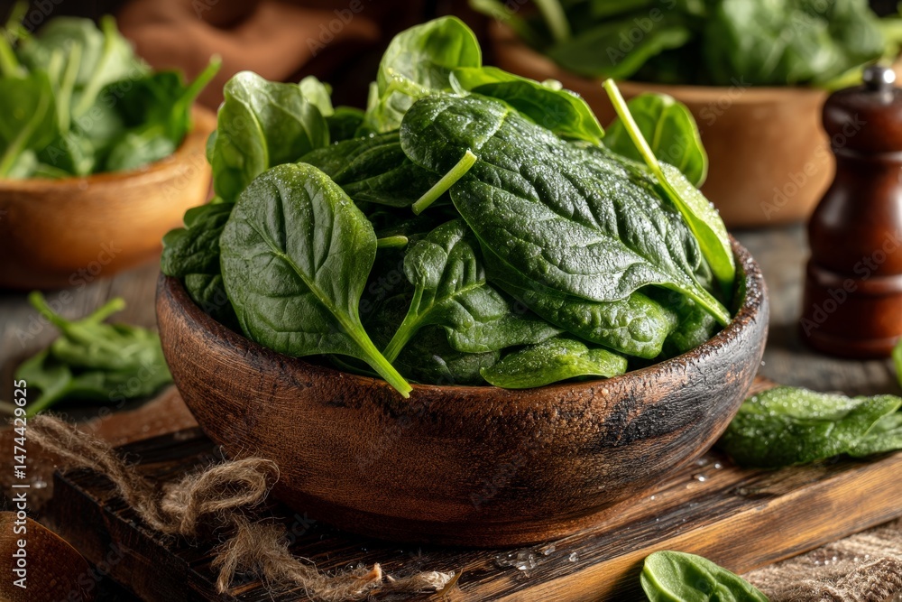 Aufkleber fresh spinach leaves in a wooden bowl on a rustic kitchen table with green herbs and spices in the b