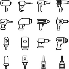 Various power tools represented in a simple outline style