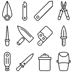 Collection of various cutting tools vector line drawing