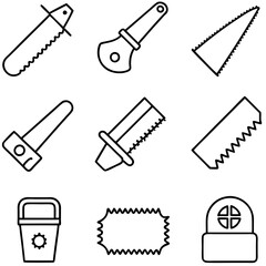 Assorted black and white line art construction tool illustrations