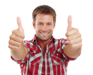 Happy man giving thumbs up, wearing red plaid shirt, isolated on transparency background, expressing positivity and confidence. This conveys sense of approval and encouragement