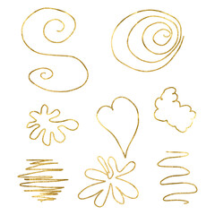 Golden lines, brush strokes, hearts, strokes,png. Gold Foil Frame Gold brush stroke funny hand drawings on transparent background. Silver random shape object for isolated.