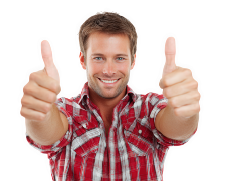 Happy man giving thumbs up, wearing red plaid shirt, isolated on transparency background, expressing positivity and confidence. This conveys sense of approval and encouragement