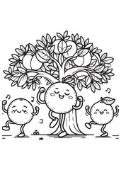 Coloring book oranges dancing to music notes beneath a big orange tree.