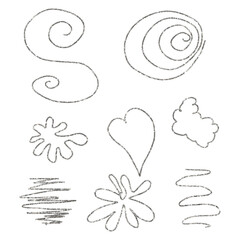 Set PNG Silver. Hand-drawn silver elements for postcard and website design.Glitter silver texture brush stroke stroke heart abstract shapes.
