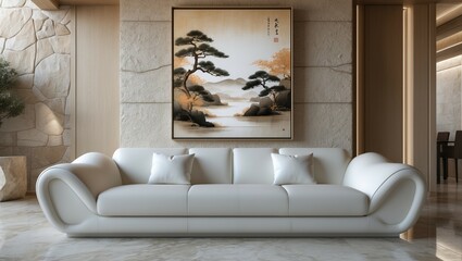 A modern living room interior featuring a comfortable sofa, stylish furniture, and contemporary design elements with ample natural light from the window