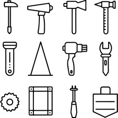 Collection of various hand tools in flat line icon style