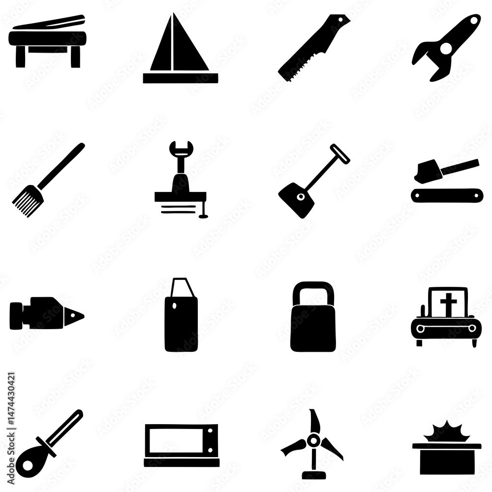 Poster black and white icons of common tools and objects