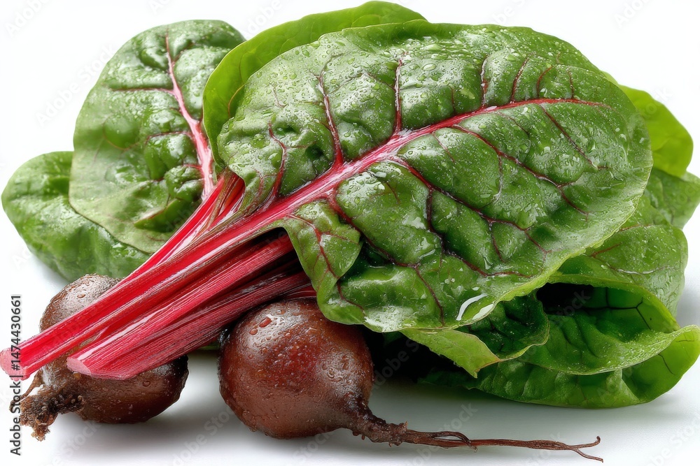 Poster fresh swiss chard with beets arranged on a white surface after rain