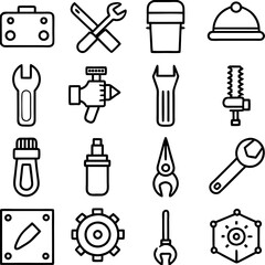 Black and white line art icons of tools set