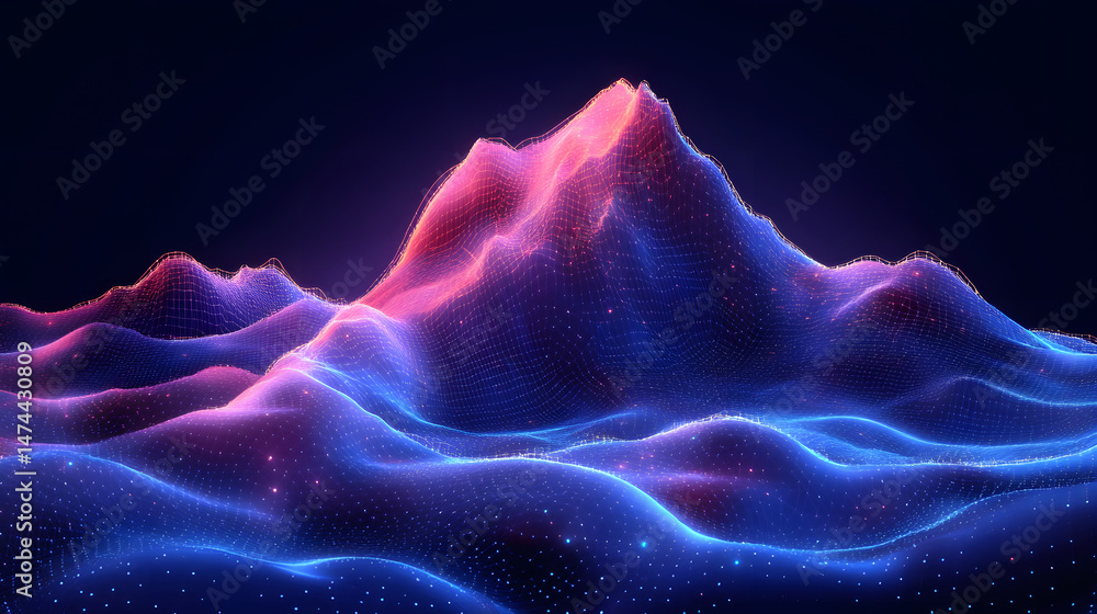 Aufkleber Abstract digital landscape with wireframe mountains. A vibrant gradient from cool blues to warm reds creates depth. Tiny lights add complexity. Abstract wireframe in dark blue.