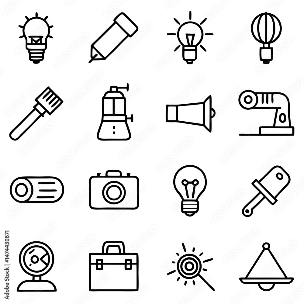 Poster outline icons displaying business and creation related objects