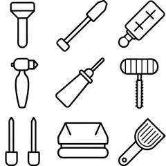 Line art depiction of various gardening and planting tools