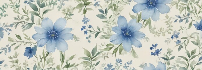 Subtle blue & green watercolor flowers on creamy white, delicate floral pattern , romantic, green, floral