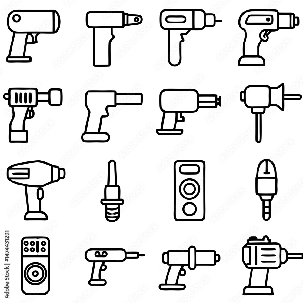 Poster outline illustration featuring an array of different tools and gadgets