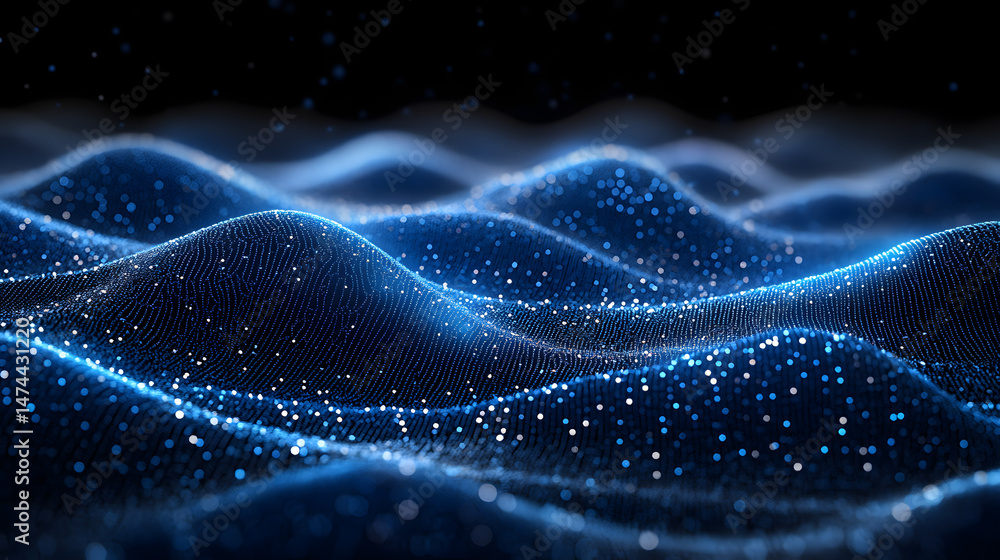 Leinwandbilder Abstract digital landscape of undulating blue orbs against a dark background, creating a mesmerizing terrain effect. Soft blue light enhances the scene, resembling an Abstract wireframe in dark blue.