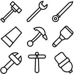 Outlined illustration of various hand tools on white background