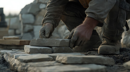 Construction Worker Laying Stone Pavers